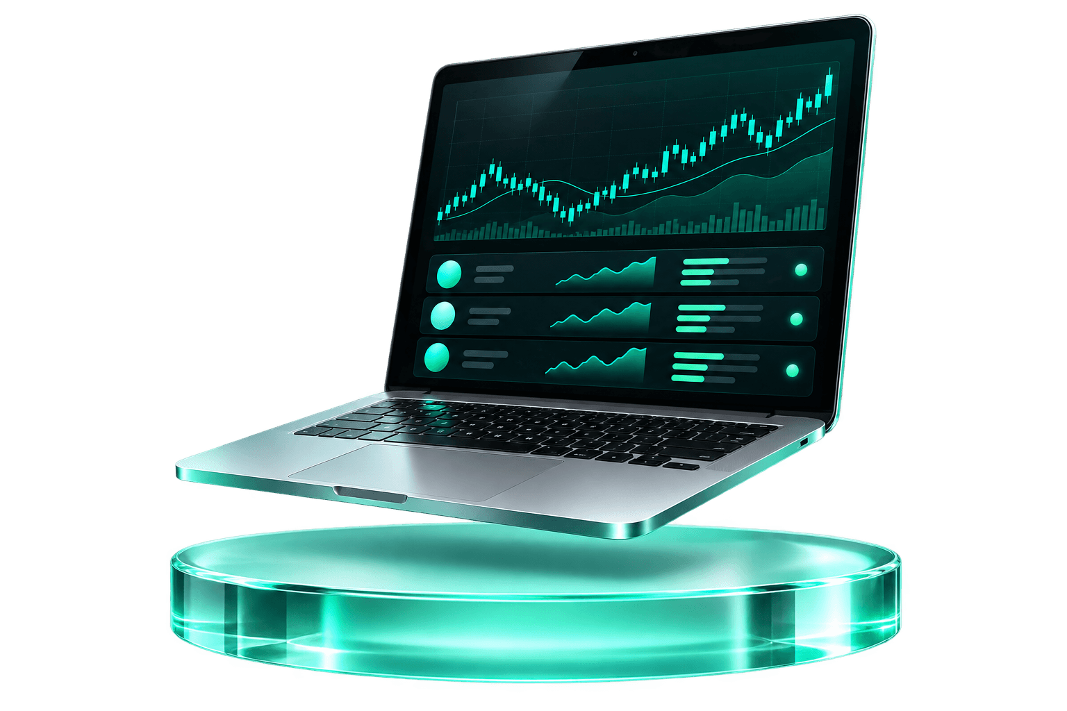 3D laptop with an illustrative trading comparison dashboard on a mint glass pedestal